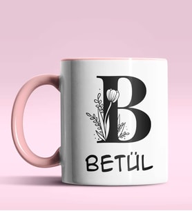 Kişiye Özel B Harfi Romantik Tasarım Siyah Renk Kupa (Pembe)