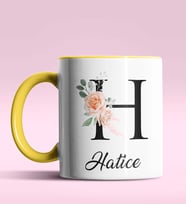 Kişiye Özel H Harfi Temalı Gül Tasarım Siyah Renk Kupa (Sarı)
