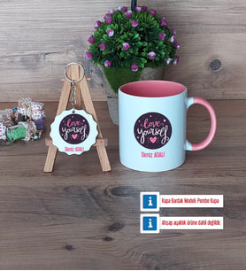 Love Yourself Kupa Bardak Kırmızı ve Ahşap Anahtarlık Hediye (Model 5)