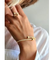 Vintage Top Model Retro Mikro Kakma Kuyum İşçiliği Bileklik Yüzük Çelik Set (Gold)
