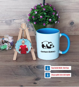 Uykucu Panda Kupa Bardak Beyaz ve Fotoğraflı Ahşap Anahtarlık Hediye (Model 4)