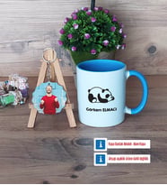 Uykucu Panda Kupa Bardak Beyaz ve Fotoğraflı Ahşap Anahtarlık Hediye (Model 4)