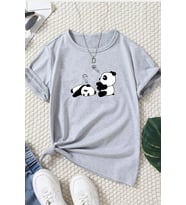 Unisex Uykucu Panda Baskılı Tasarım Tshirt (Gri)