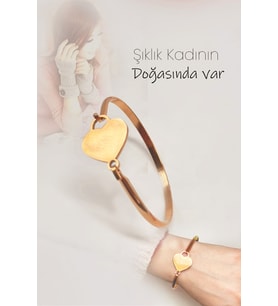 Behiye - Kalp Detaylı Kelepçe Bileklik - Paslanmaz Çelik - Özel Hediye Paketinde (Bakır)
