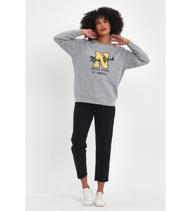 Kadın Bisiklet Yaka Rahat Kalıp İçi Polarlı 3 İplik Kalın N Baskılı Sweatshirt SPR24SWK25 ( Gri-Melanj)
