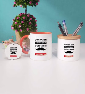 Dünyanın En Yakışıklı Öğretmeni Kupa Bardak Kırmızı Kalemlik ve Anahtarlık (Model 7)