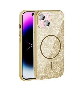 iPhone 15 Kılıf Magsafe Şarj Özellikli Parlayan Simli Okso Kılıf (Gold)