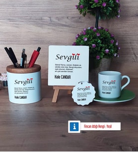 Sevgiliye Hediye Hediye Seti Dekoratif Taş, Kalemlik, Ahşap Altlıklı Türk Kahvesi Fincanı, Ahşap Anahtarlık Hediye (Model 9)