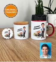 Kişiye Özel Karikatürlü Emlakçı Hediye Seti Kupa Bardak, Kalemlik, Anahtarlık Emlakçı Hediyeleri (Kırmızı)