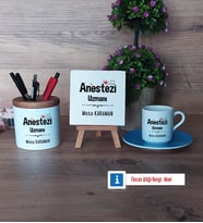 Anestezi Uzmanı Hediye Seti Dekoratif Taş, Kalemlik, Ahşap Altlıklı Türk Kahvesi Fincanı Hediye (Model 5)
