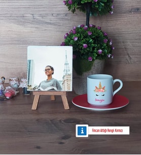 Unicorn Fotoğraflı Dekoratif Taş, Ahşap Altlıklı Türk Kahvesi Fincanı Hediye (Model 3)