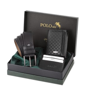 Polo Air Kemer Cüzdan Kartlık Set Kombin Dama Desenli Hediyelik M-13 (Siyah)