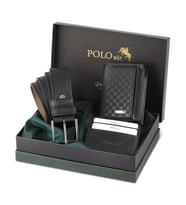 Polo Air Kemer Cüzdan Kartlık Set Kombin Dama Desenli Hediyelik M-13 (Siyah)