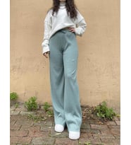 Kadın Fitilli Çizgili Penye Raporlu Pamuklu Pijama Altı Eşofman (Mint Yeşil)