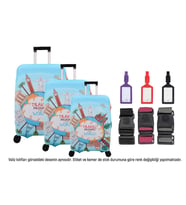 Bagacar Kalp 3lü Set Valiz Kılıfı, 3 lü Valiz Kemeri, 3lü Valiz Etiketi (Turuncu - Yeşil)