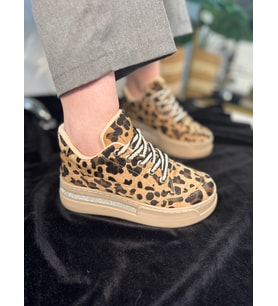 Günlük Kadın Sneaker Kalın Topuk Oval Burun Bağcıklı Spor Ayakkabı F70  (Leopar)