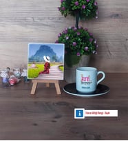 Tarih Öğretmeni Fotoğraflı Dekoratif Taş, Ahşap Altlıklı Türk Kahvesi Fincanı Hediye (Model 7)