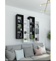 Kitaplık Modern Duvar Rafı Kırmızı Beyaz 4 Lü Takım (Siyah - Beyaz)