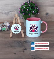 Sevimli Panda Kupa Bardak Kırmızı ve Ahşap Anahtarlık Hediye (Model 5)