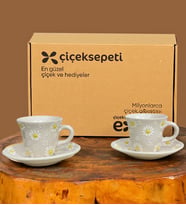Kütahya El Yapımı Papatya Desen Kabartmalı El İşlemeli 2 li Kahve Fincanı (Beyaz)