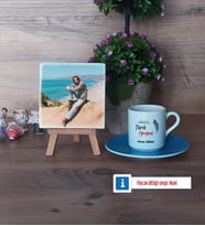 Tarih Öğretmeni Fotoğraflı Dekoratif Taş, Ahşap Altlıklı Türk Kahvesi Fincanı Hediye (Model 5)