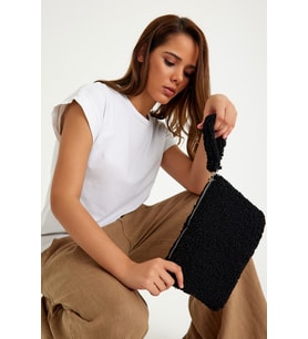 Kadın Premium Peluş/Teddy Fermuarlı ve Astarlı Clutch El Çantası (Siyah)