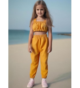 Kız Bebek Düz Renk Crop Pantolon Set (Sarı)