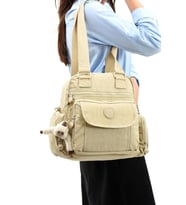 Omuz Çantası Çapraz Uzun Askılı Çok Cepli 30*25 Cm Yağmur Geçirmez İçi Astarlı Klinkır Kumaş (Krem)