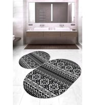 Dijital Baskılı Kaymaz Taban Yıkanabilir Oval 2'li Klozet Takımı Banyo Paspası NOKZ-HT-200 (Siyah)