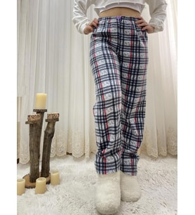 Kadın Polar Pijama Altı Kışlık Lastikli Bel Tek Alt (Gri-Kırmızı)