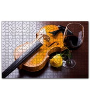 Cakapuzzle Kırmızı Şarap, Keman ve Sarı Gül  Puzzle Yapboz MDF (Ahşap) (1000 Parça)