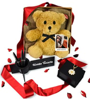 Sevgililer Günü Kişiye Özel Fotoğraf Kutusu&Kolyeli Sevimli Teddy  Ayıcık & Kişiselleştirilmiş Masaüstü Ahşap Kalemlik (Model 3)