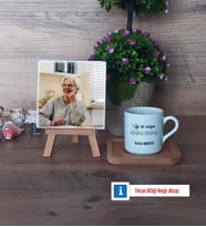 Anneanneye Hediye Fotoğraflı Dekoratif Taş, Ahşap Altlıklı Türk Kahvesi Fincanı Hediye (Model 1)