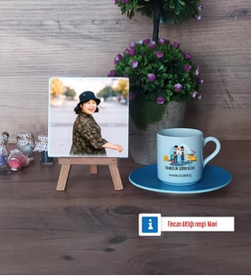 Temizlik Görevlisi Fotoğraflı Dekoratif Taş, Ahşap Altlıklı Türk Kahvesi Fincanı Hediye (Model 5)