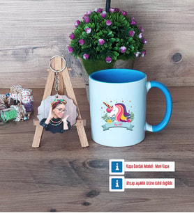 Unicorn Kupa Bardak Beyaz ve Fotoğraflı Ahşap Anahtarlık Hediye (Model 4)