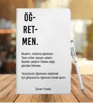 Öğretmen Tasarımlı Deri Defter Ve Metal Roller Kalem (Beyaz)