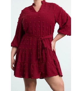 Moda Stil Fitted V Yaka Midi Boy Büyük Beden Balon Kol Kuşaklı Ponponlu Dokuma Büyük Beden Elbise (Bordo)