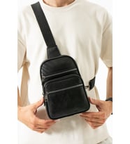 Hakiki Deri Unisex Omuz Çanta  Unisex Çanta  Hakiki Deri Bodybag  Gerçek Deri Tek Kol Freebag (Siyah-Siyah)