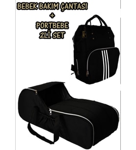 Portbebe Ana Kucağı Puset Bebek Taşıma + Anne Bebek Bakım Çantası 2 li Set (Siyah - Beyaz)