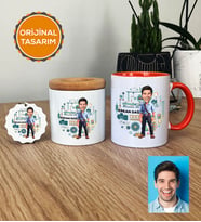 Kişiye Özel Karikatürlü Makine Mühendisi Hediye Seti Kupa Bardak, Kalemlik, Anahtarlık Erkek Makine Mühendisine Mühendisler Günü Hediyesi (Turuncu)
