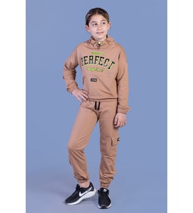 Toontoy Kız Çocuk Balıkçı Yaka Armalı Baskılı Eşofman Takım (Kahverengi)