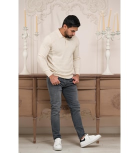 Woolen World Polo Yaka Slimfit Desenli Yünlü Erkek Triko Kazak (Krem)