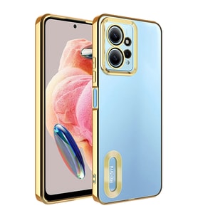 Xiaomi Redmi Note 12 4G Kılıf Logo Yeri Açık Kamera Lens Korumalı Renkli Kenarlı Şeffaf Silikon (Gold)