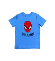 Spiderman baskılı örümcek adam pamuklu penye kumaş yazlık çocuk tişört (Mavi)