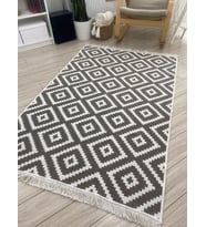 Çift Taraflı Kilim Modern Desenli Yıkanabilir Pamuklu Dokuma Kilim Yolluk (Beyaz - Bej)