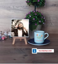 Doğum Günü Hediyesi Fotoğraflı Dekoratif Taş, Ahşap Altlıklı Türk Kahvesi Fincanı Hediye (Model 4)