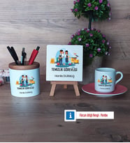 Temizlik Görevlisi Hediye Seti Dekoratif Taş, Kalemlik, Ahşap Altlıklı Türk Kahvesi Fincanı Hediye (Model 6)