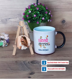 Edebiyat Öğretmeni Kupa Bardak Beyaz ve Fotoğraflı Ahşap Anahtarlık Hediye (Model 9)