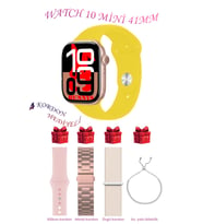 Samsung Galaxy M42 Uyumlu Açık Mavi Akıllı Saat Watch 10 Mini Kordon Hediyeli AMOLED EKRAN 41MM (Sarı-Pembe)