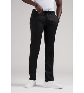 Ecer Slimfit Beli Lastikli ve İplikli %100 Linen Ham Keten Jogger Pantolon (Siyah)